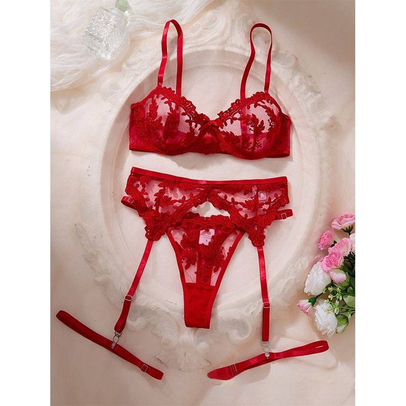 3-Piece Lace Embroidery Mesh Sexy Lingerie Bra Set