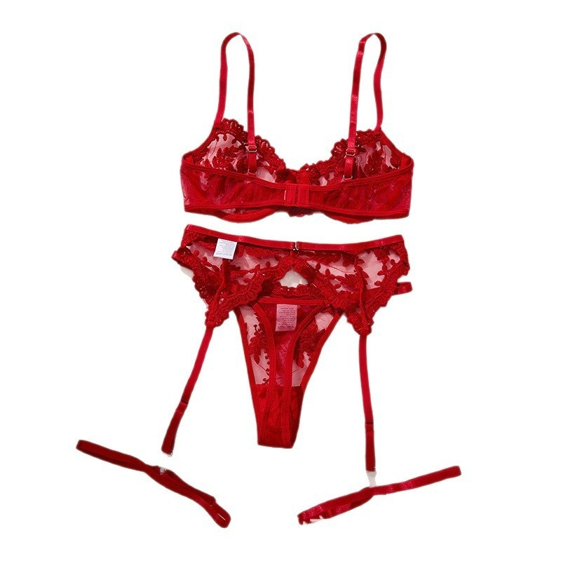 3-Piece Lace Embroidery Mesh Sexy Lingerie Bra Set