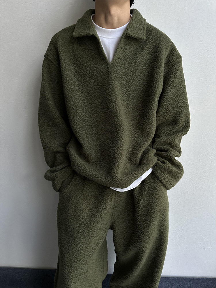 Lazy And Relaxing Army Green Collar Particle Velvet Men's Set