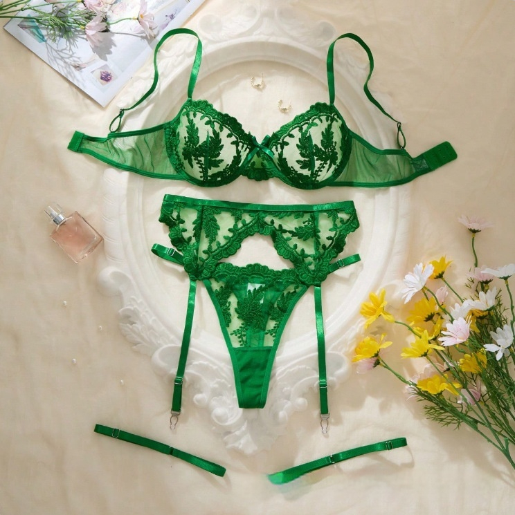 3-Piece Lace Embroidery Mesh Sexy Lingerie Bra Set