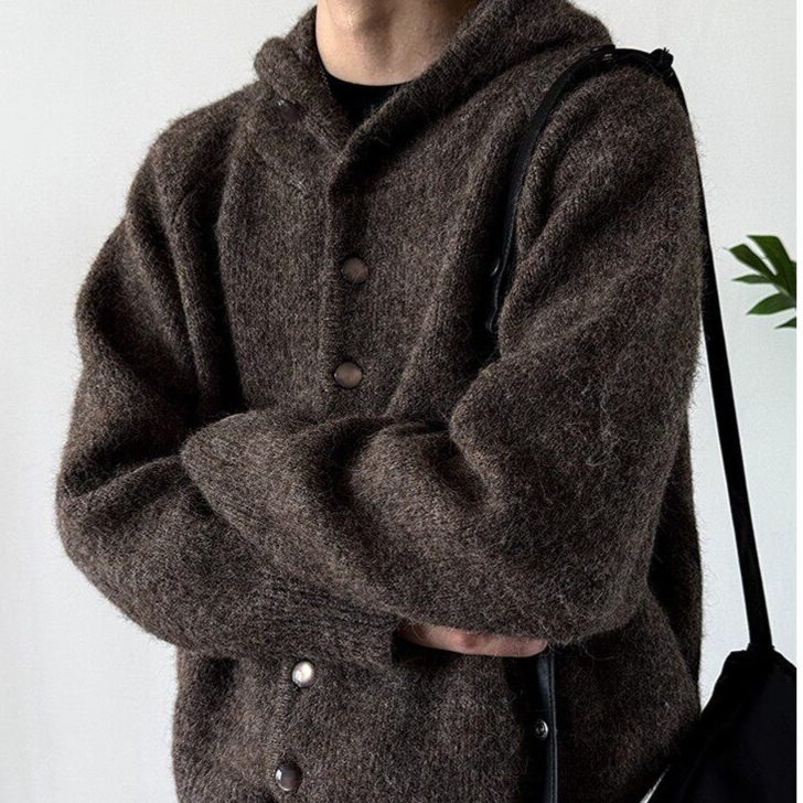 Autumn Winter Mens Japanese-Style Retro Hooded Button-Up Cardigan Sweater
