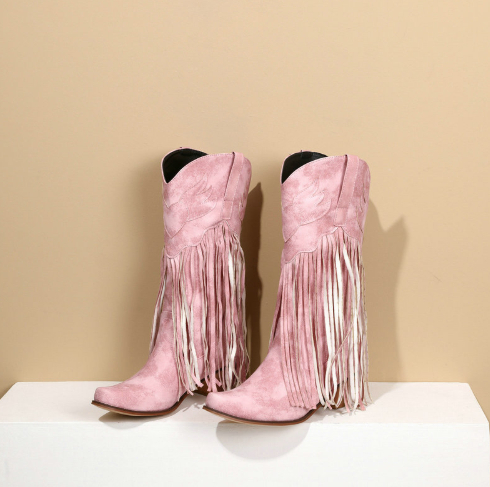 Womens Retro Mid-Calf Chunky Heel Round-Toe Boots