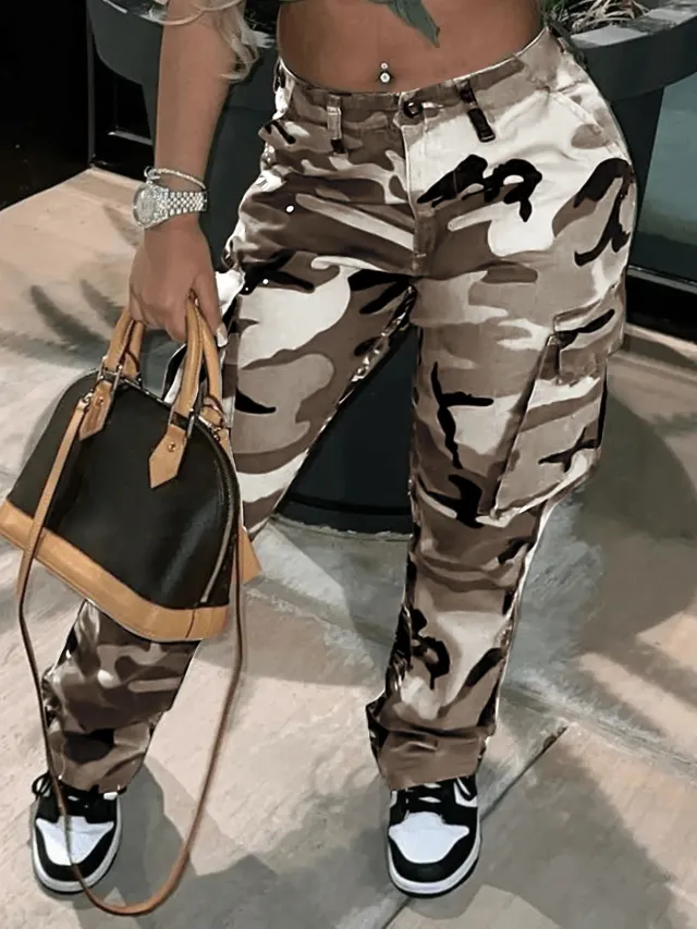 Plus Size Camouflage Jeans High Waist Multi pocket Straight leg Pants White - Shop at LoveMi