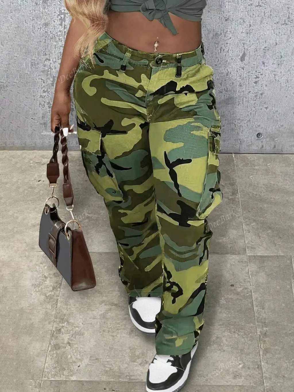 Plus Size Camouflage Jeans High Waist Multi-pocket Straight-leg Pants - Green