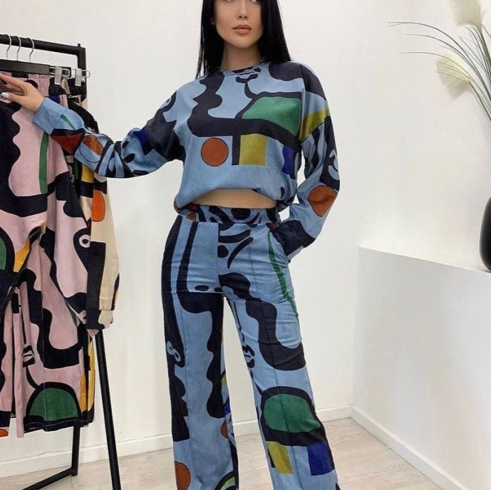 Womens Personalized Printed Graffiti Long-Sleeve Shirt And Straight-Leg Pants Set