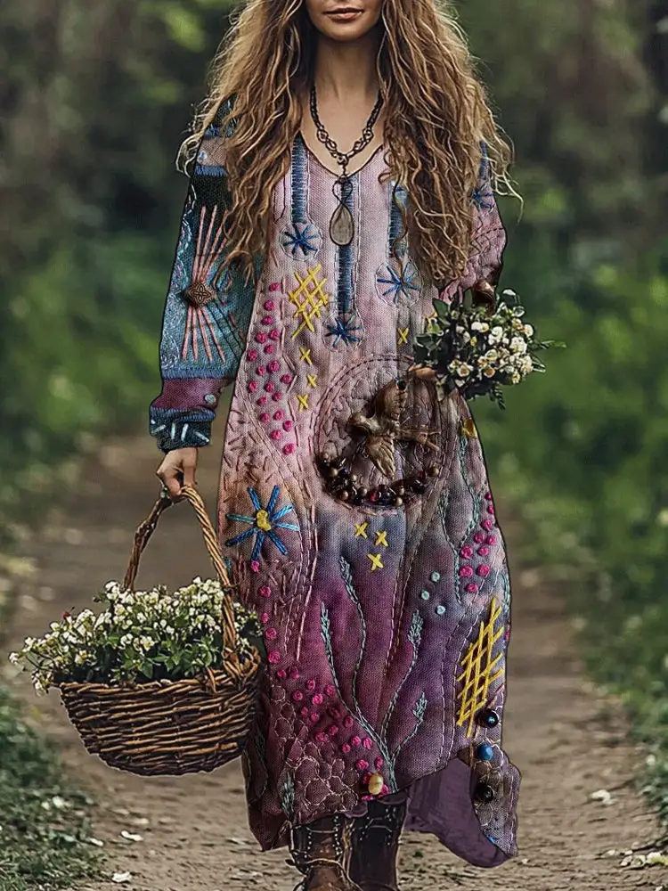 New Long Sleeve Dress Floral Bohemian Maxi Skirt Print - Purple