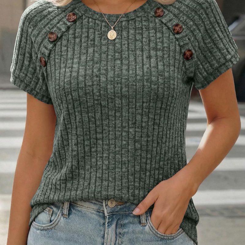 Womens Ribbed Crew-neck Button-panel Short-sleeve Top