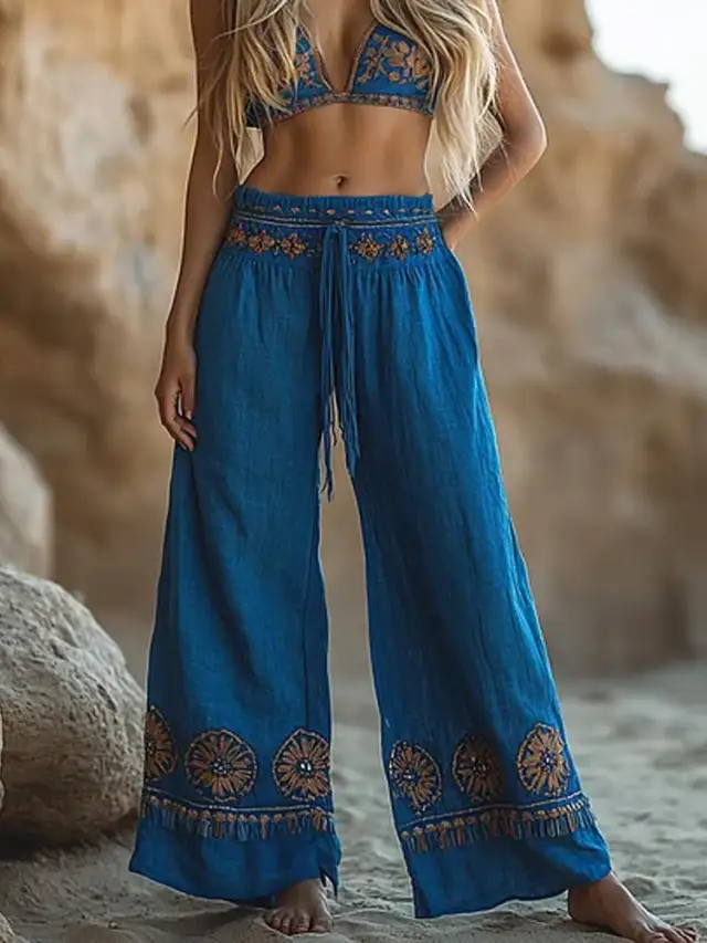 Womens Artistic Vintage 3D Printed Linen Wide Leg Pants That Pair Easily With Anything Blue - Shop at LoveMi