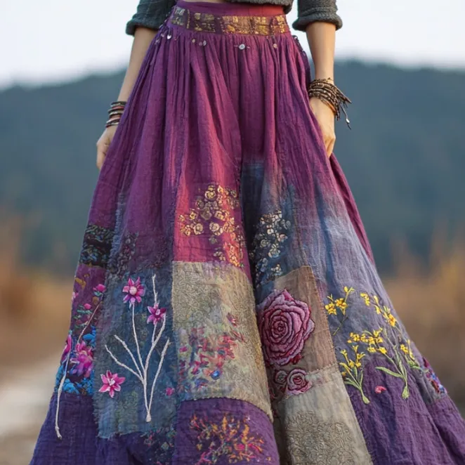 Womens Long Midi Skirt With A Classic Floral Print - Purple