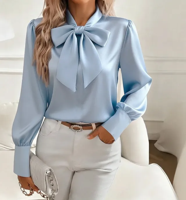 Bow tie Blouse Fashion Commuting Lace up Pullover Long sleeved Top Women's Clothing Blue - Shop at LoveMi