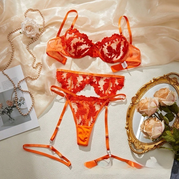 3-Piece Lace Embroidery Mesh Sexy Lingerie Bra Set