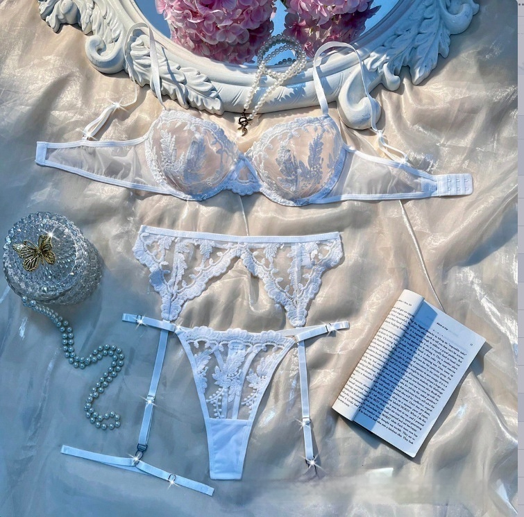 3-Piece Lace Embroidery Mesh Sexy Lingerie Bra Set