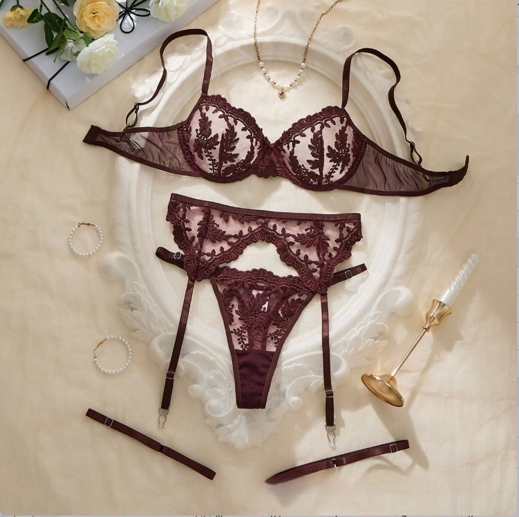 3-Piece Lace Embroidery Mesh Sexy Lingerie Bra Set