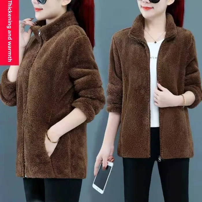 Womens Fashionable Loose-fitting Plus-size Fluffy Coat - Coffee