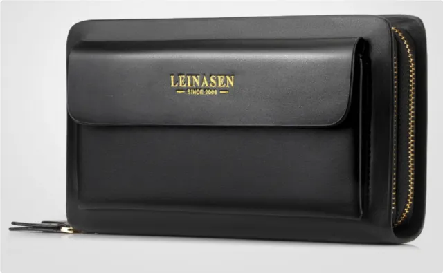 LEINSEN mobile phone leather handbag bag business men bag zipper hand bag purse derivative one generation Black - Shop at LoveMi