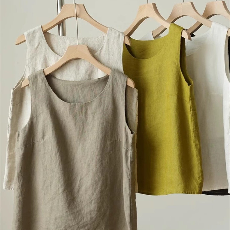 Cotton-linen Crew-neck Loose Camisole Sleeveless Pure Cotton Top