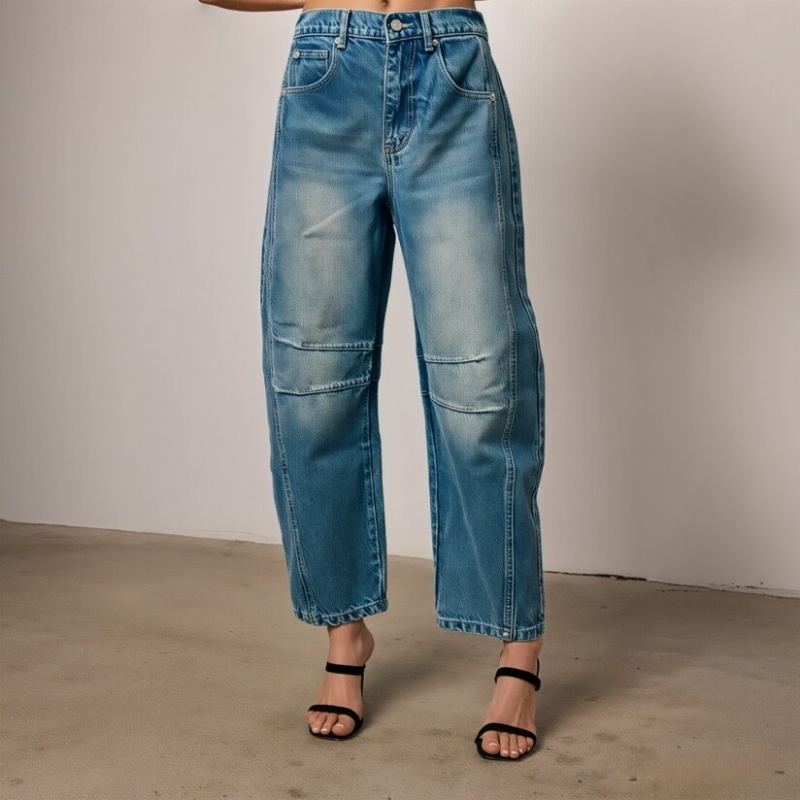 Womens Jeans Loose Straight Leg Washed Denim With A Wide Leg Draping Fit