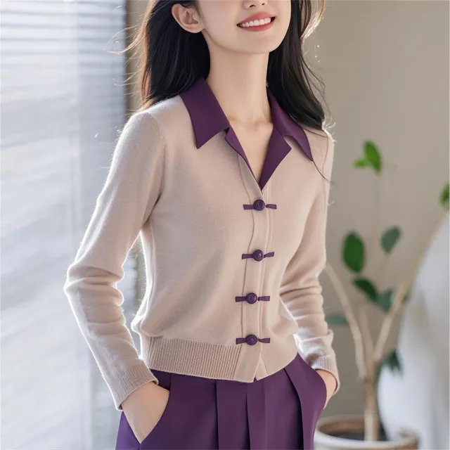Womens Minimalist Elegant New Chinese Style Knot Button Knitted Top Brown - Shop at LoveMi
