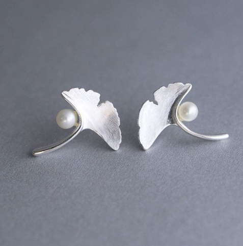Womens Leaf Ginkgo Pearl Minimalist Earrings - Jewelry & Watches
