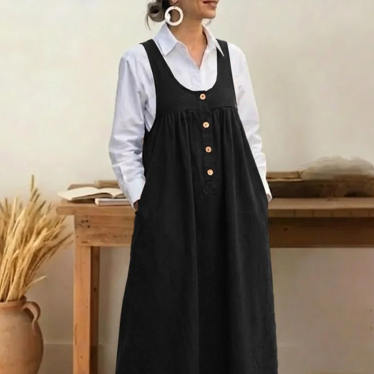 Solid-color Button-up Suspender Dress Sleeveless Loose-fit Casual Dress