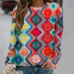 Women's Creative Printed Spliced Round Neck Shoulder Long Sleeved Sweater - Style 8-4Xl - View 1