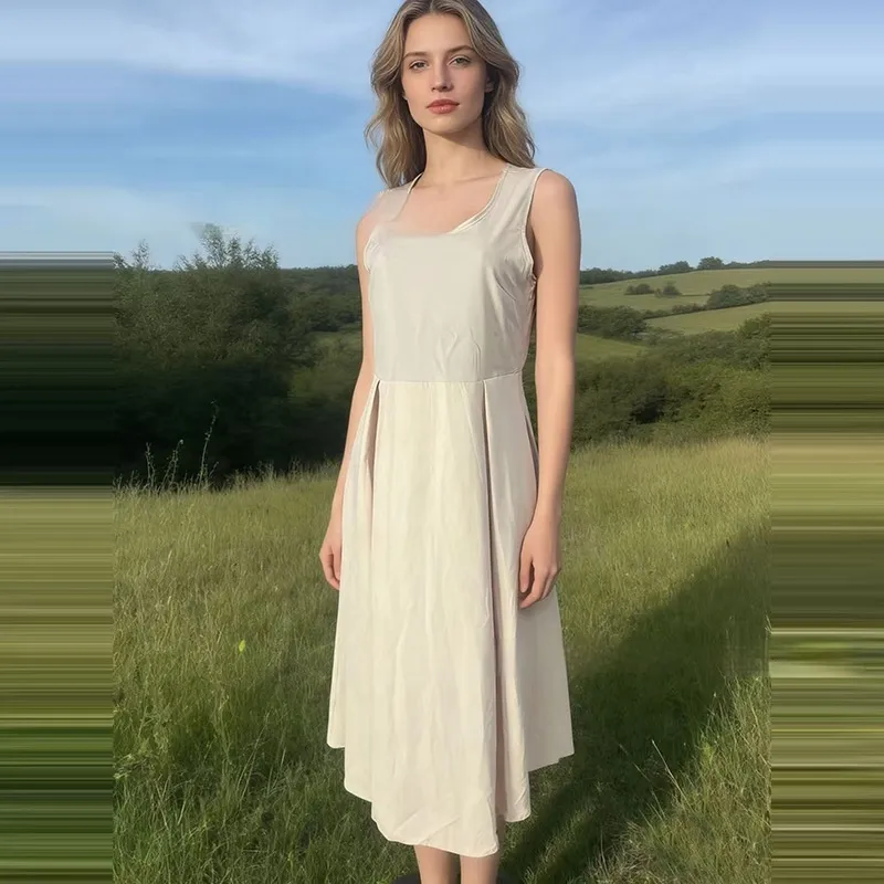 New Womens Fashion Casual Sleeveless A-line Dress - Khaki