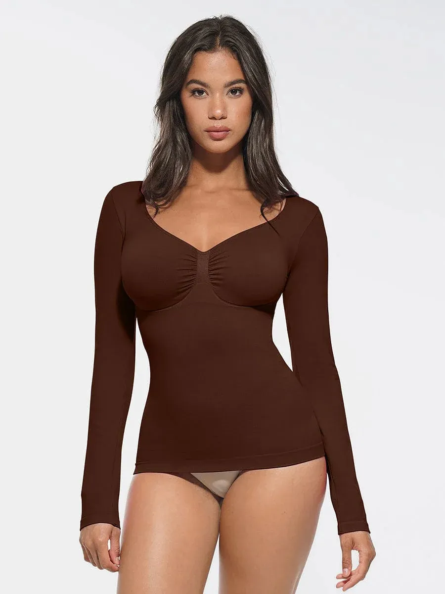Seamless Diamond Neck Bust Support Waist And Tummy Control Shaping Top - Brown
