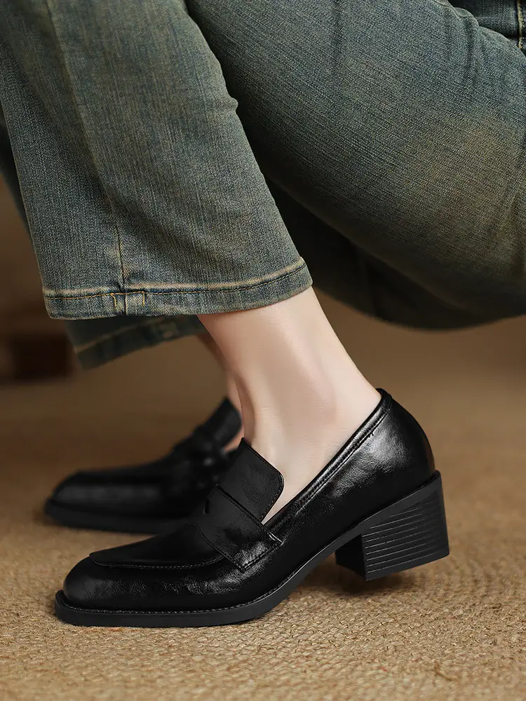 Womens Retro Square-Toe Chunky-Heel Deep-Mouth Loafers