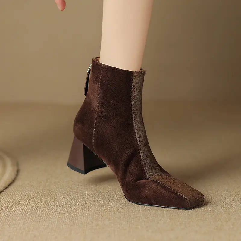 European And American-style Square-toe Chunky-heel Horsehair Short Boots In Winter Sheepskin