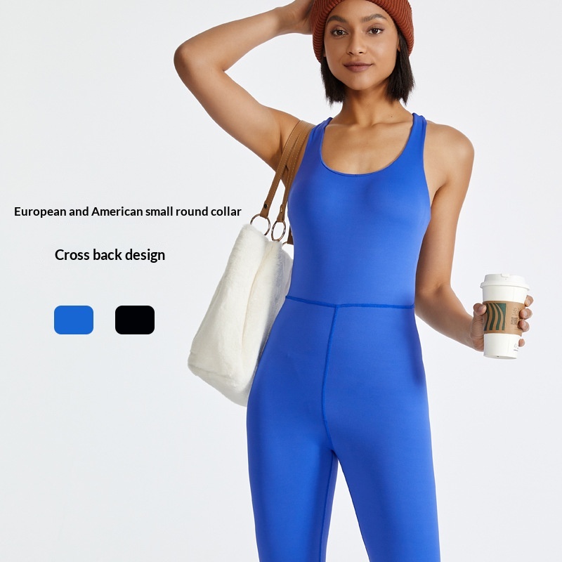 Womens Crew-neck Camisole Bodysuit With Tight-fitting Pants High-stretch Figure-hugging Yoga Wear