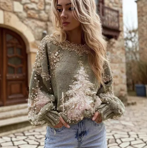 Womens Crew neck Long sleeve Printed Sweater 3 Style Xs - Shop at LoveMi