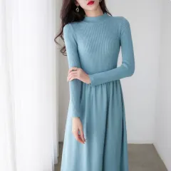 Womens Petite Long Knitted Sweater Dress For Layering - Blue - View 1