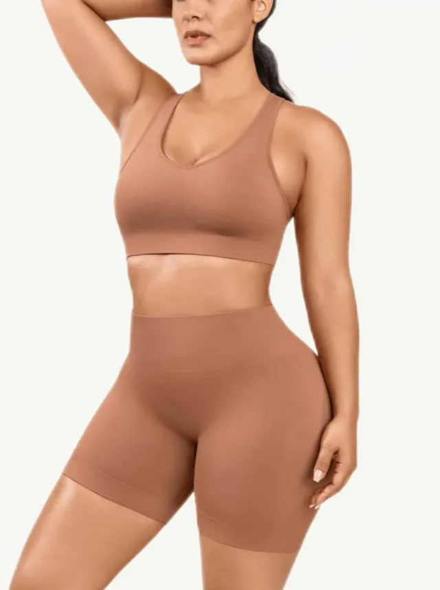 Eco friendly Sexy V Neck Seamless Sportswear Biker Shorts Set Brown - Shop at LoveMi