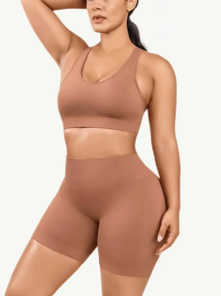 Eco-friendly Sexy V Neck Seamless Sportswear Biker Shorts Set - Brown
