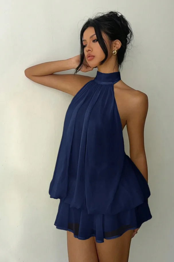 New design Asymmetric Halter neck Spicy girl Dress For Women Navy - Shop at LoveMi
