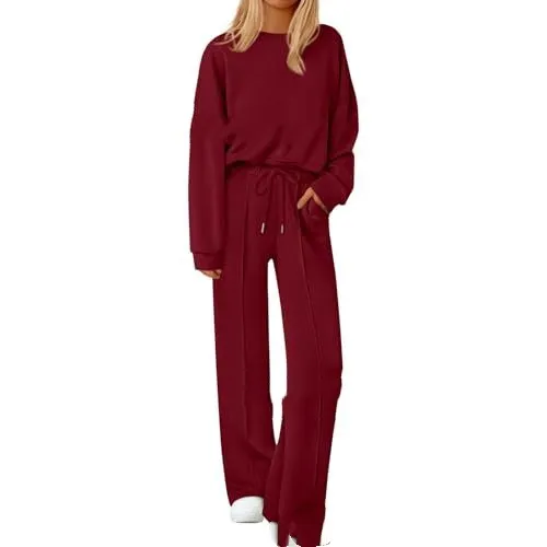 Loose fitting Solid color Long sleeve Top And Pants Two piece Set Red - Shop at LoveMi