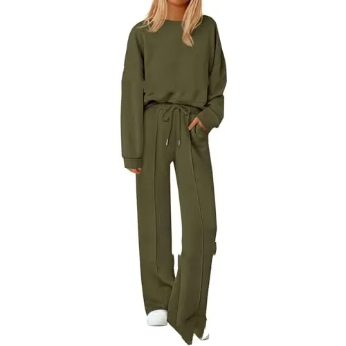 Loose fitting Solid color Long sleeve Top And Pants Two piece Set Green - Shop at LoveMi