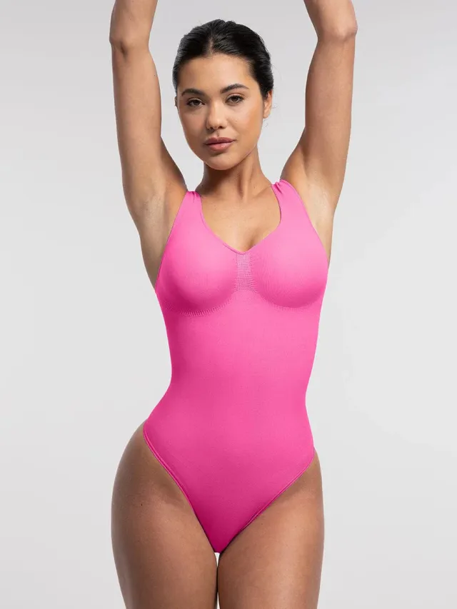 Seamless Bust Support Waist And Abdomen Control Thong Bodysuit Pink - Shop at LoveMi