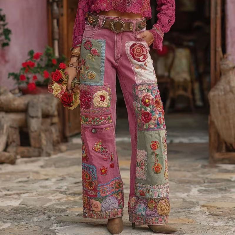 Women's Digital Printed Color Flower Simulation Jeans
