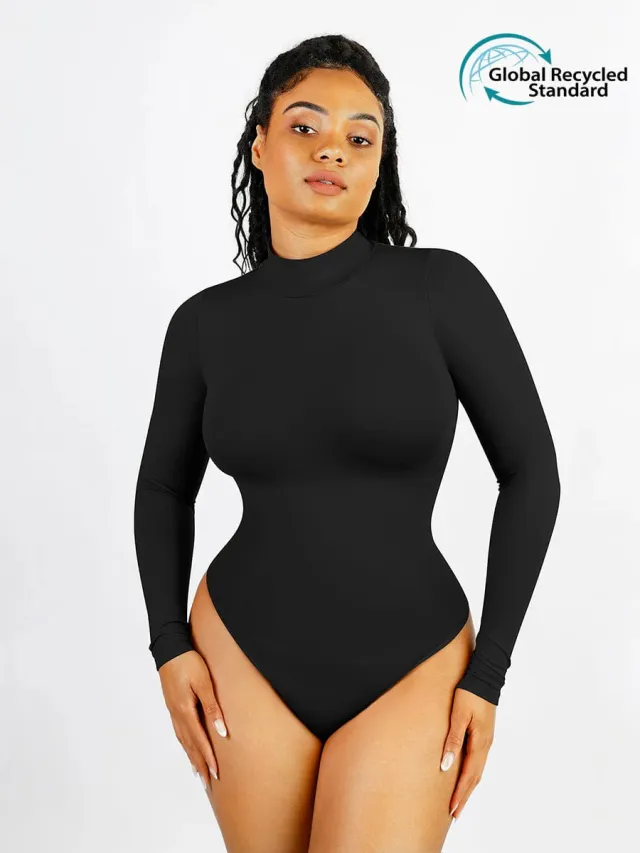 Seamless Eco friendly Turtle Neck Long Sleeve Thong Bodysuit Black - Shop at LoveMi