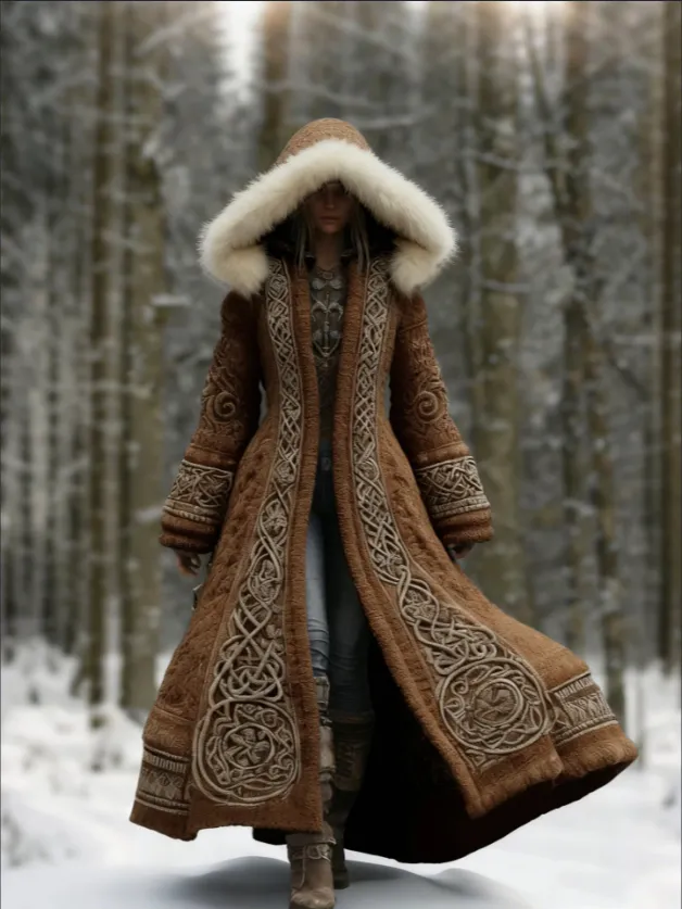Long Loose fitting Hooded Coat With A 3D Digital Print Brown - Shop at LoveMi