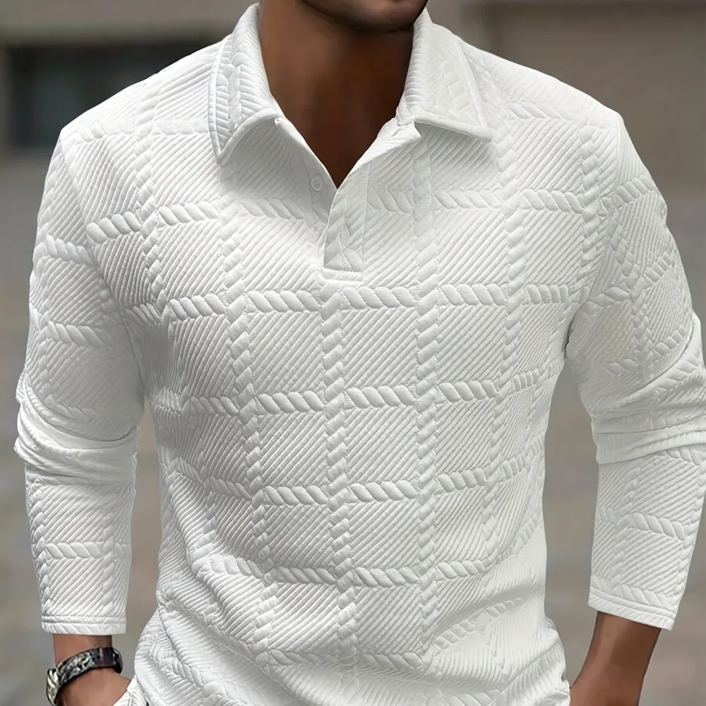 Mens Solid-Color Lapel Front-Button Long-Sleeve Polo Shirt