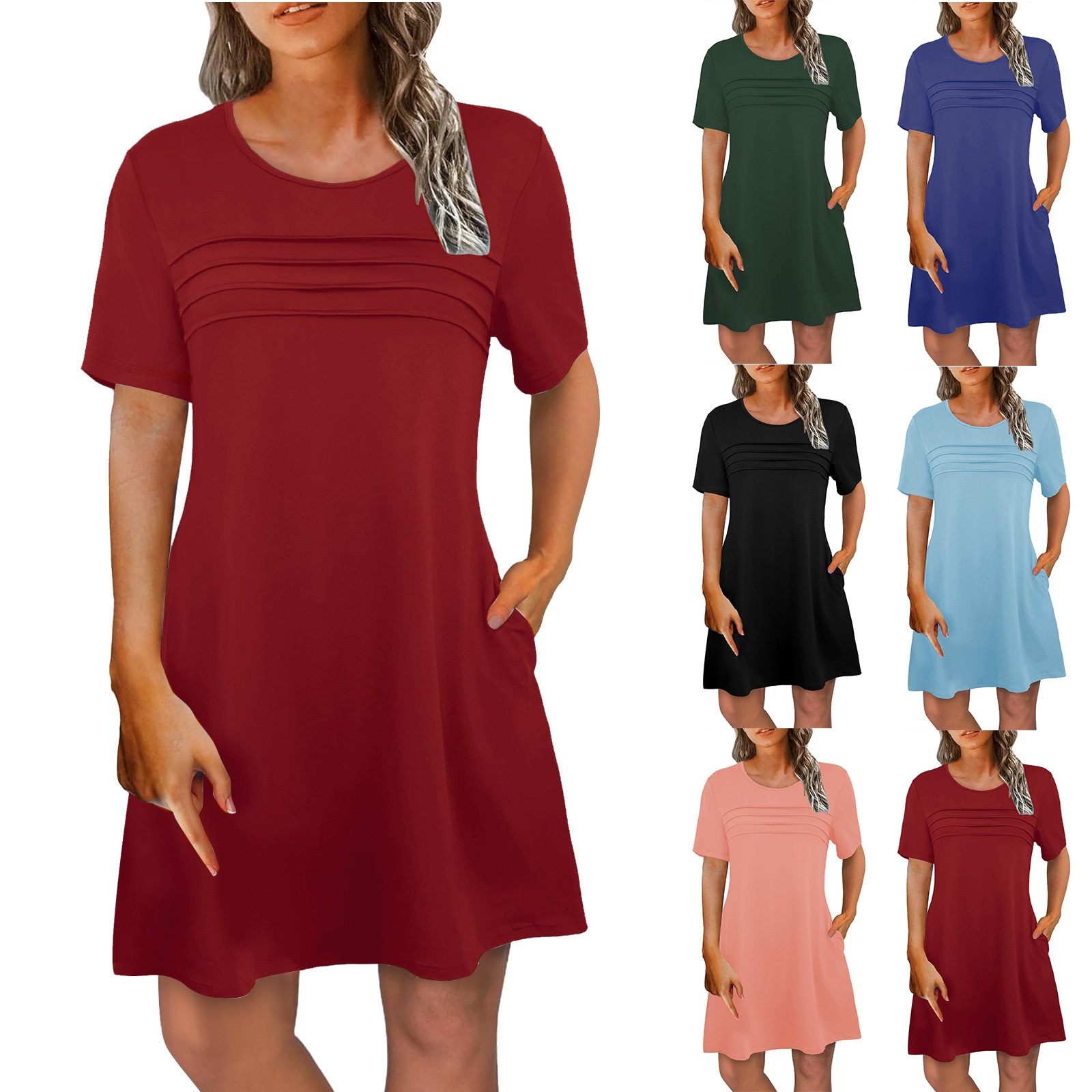 Casual Short-sleeve Belted Mid-length Summer Dress