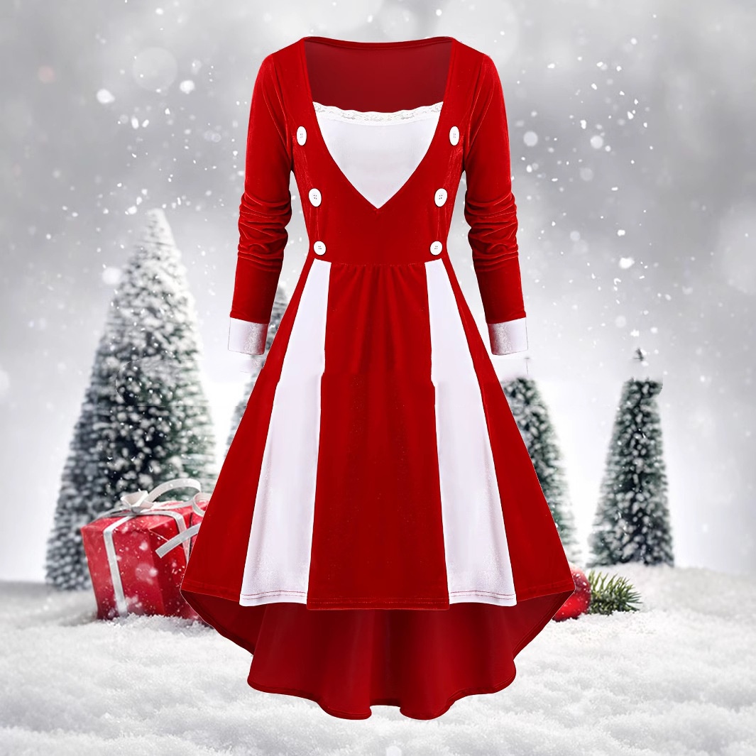 Fashionable Faux-Button Lace Contrast-Color Asymmetrical Velvet Christmas Dress