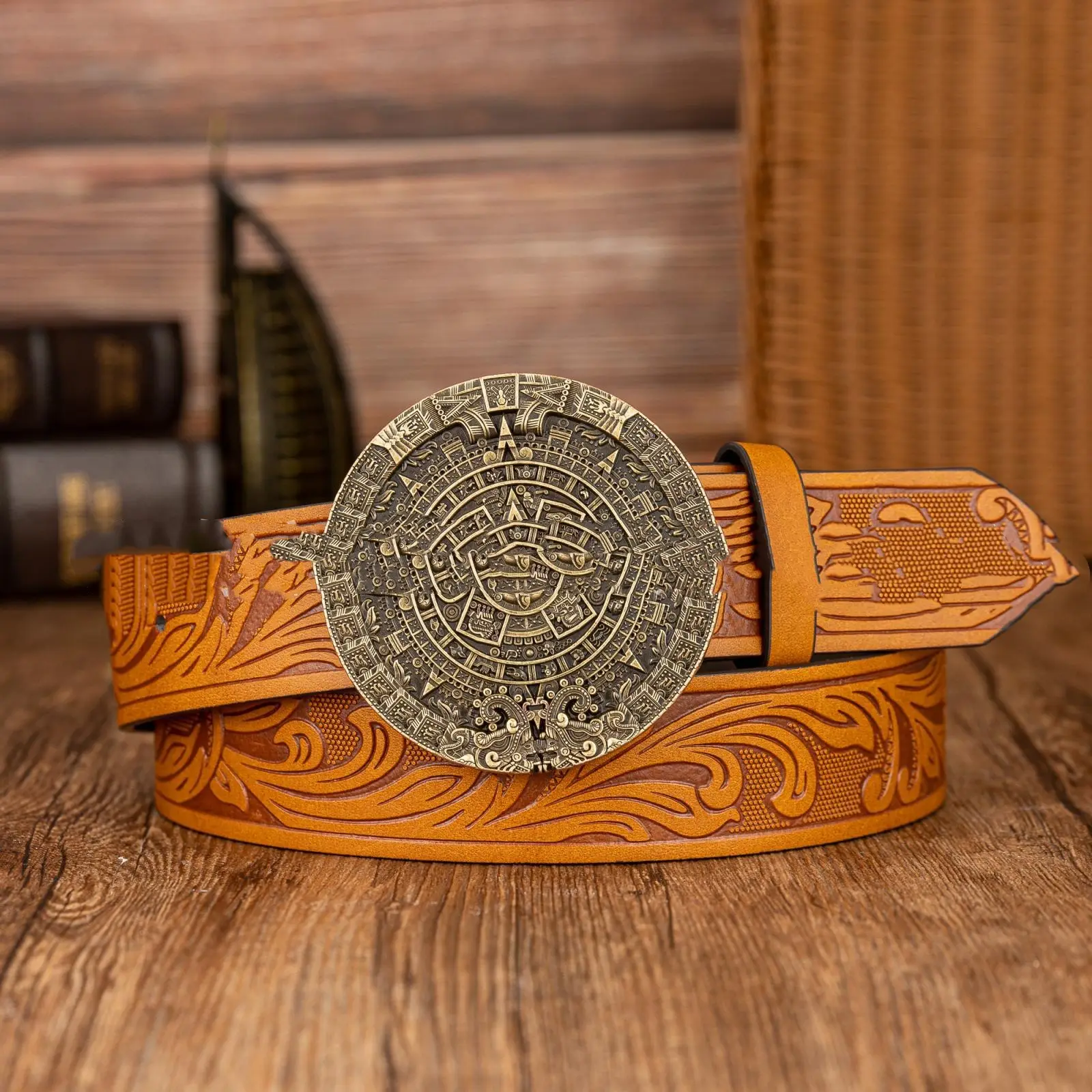 Aztec Sun Calendar Stone Buckle Retro PU Leather Belt