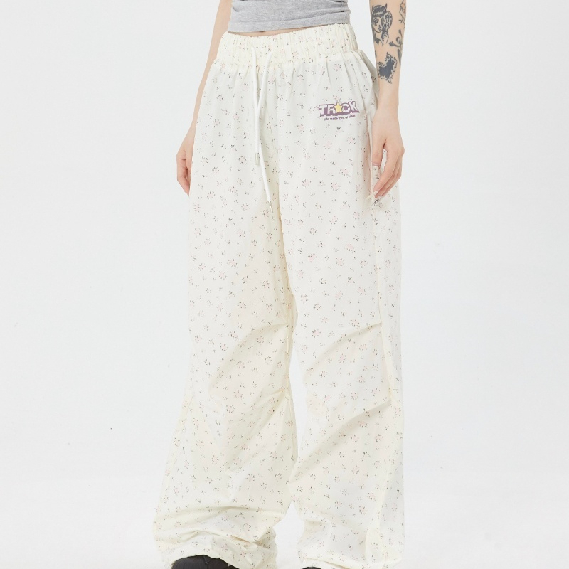 Casual Flared Pants With A Small Floral All-over Print Versatile Street-style Wide-leg Trousers