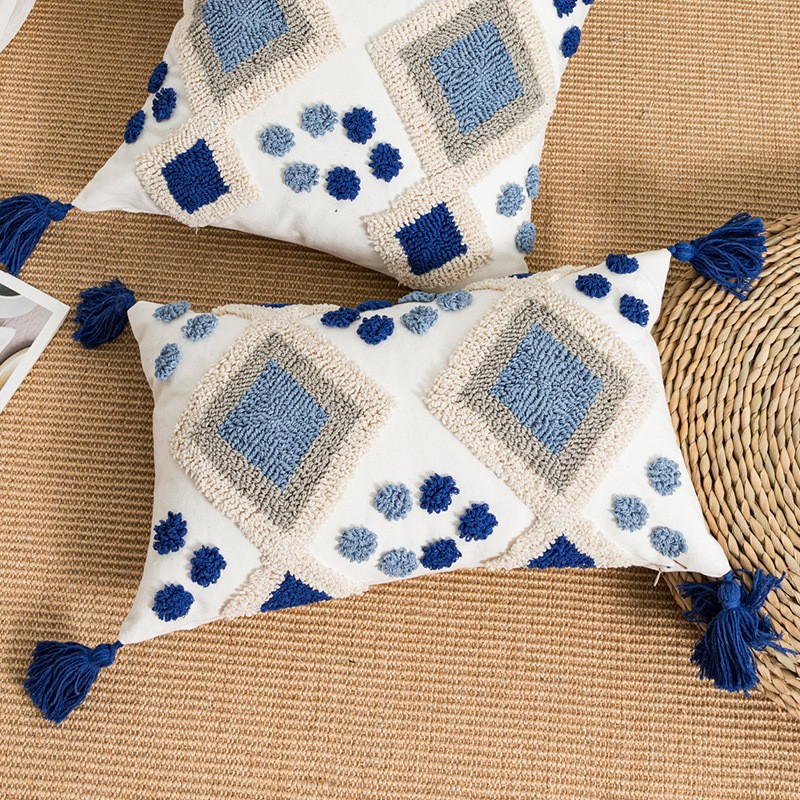 Bohemian-style Circular Velvet Embroidered Ethnic Tassel Throw Pillow Cover