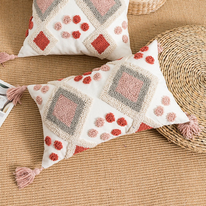 Bohemian-style Circular Velvet Embroidered Ethnic Tassel Throw Pillow Cover