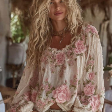 Womens Retro Crew-Neck Top With A Floral Print