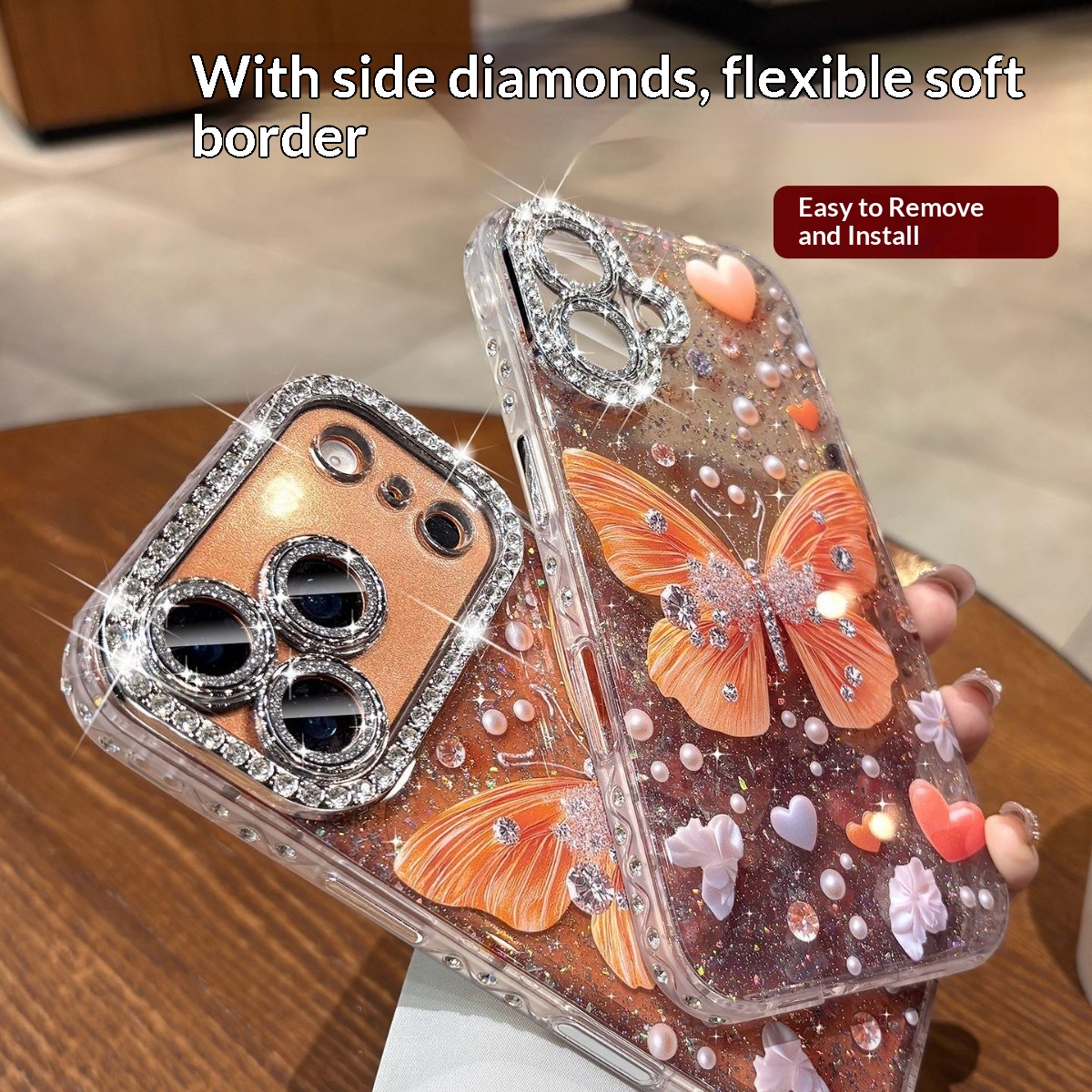 Rhinestone Butterfly Phone Case With Glitter Lens Protector Full-body Coverage